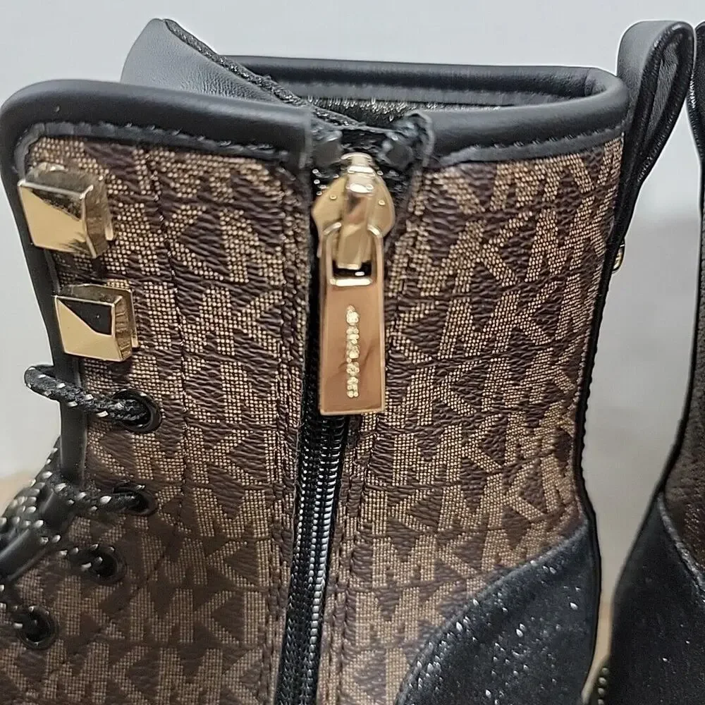 Michael Kors Haskell Black & Brown Logo Combat Boots Y Sz‎ 2